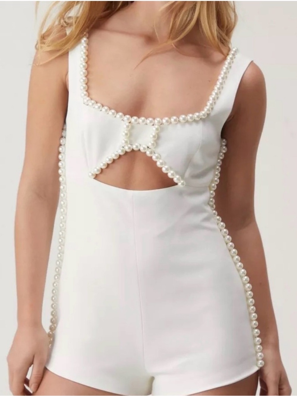 Nasty Gal White Pearl-Trim Cutout Romper